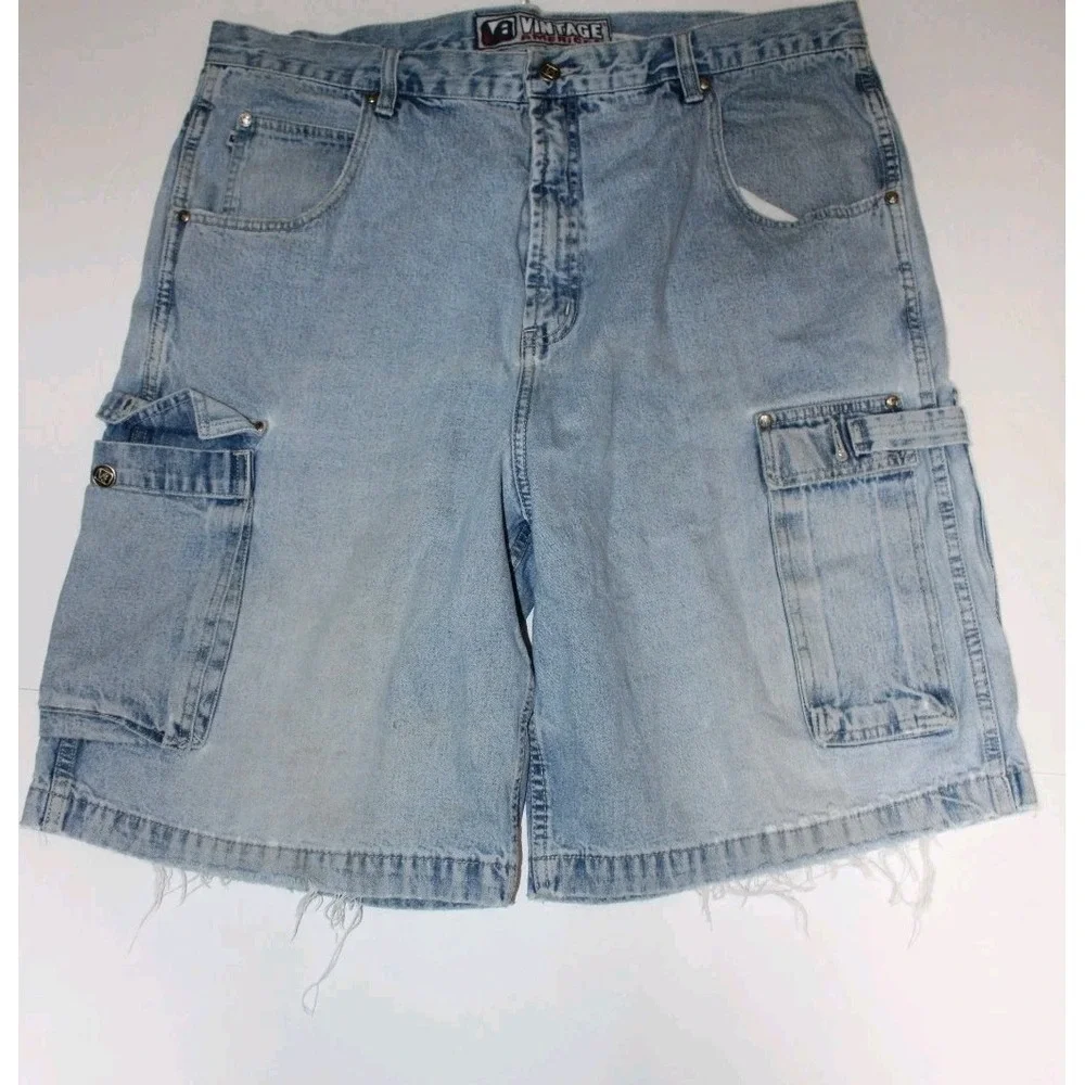 Vintage America Mens Cargo Jean Shorts‎ Mens 38 Denim Safari Outdoor Baggy